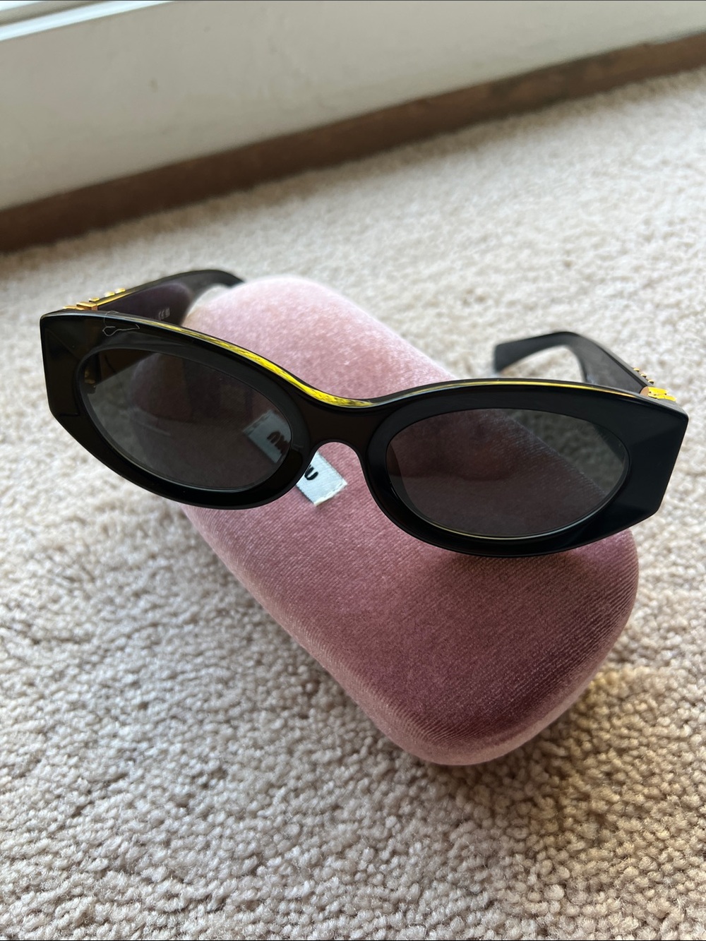 Miu Miu Black Cat-Eye Sunglasses with Gold Logo + Original Case